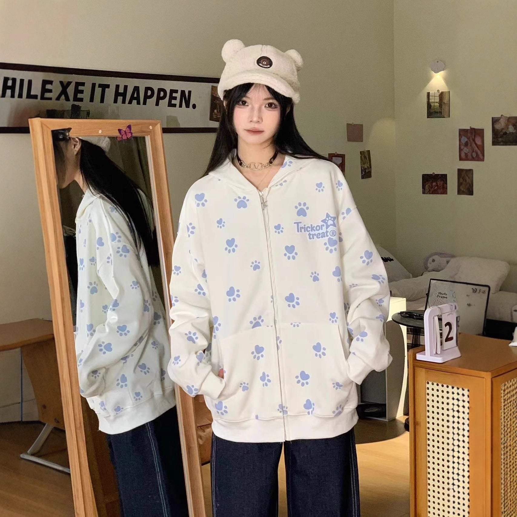 Apricot fleece lined camo hooded zip-up sweatshirt jacket back view with dog paw print design | TeenStylo