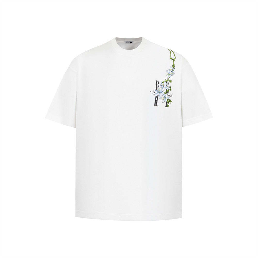 White mens vine flower embroidery letter short sleeve t-shirt lifestyle look TeenStylo