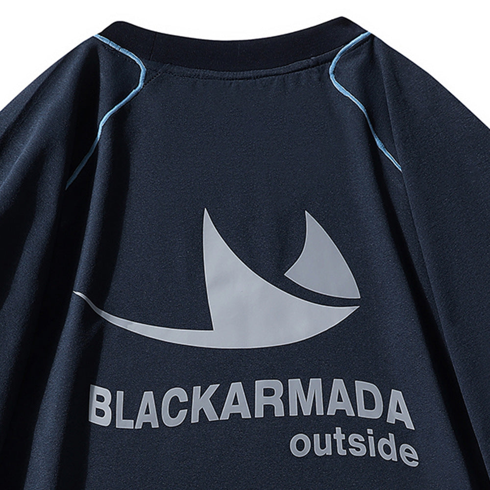 Navy blue American style printed t-shirt close-up detail view, streetwear graphic design for men | TeenStylo