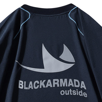 Navy blue American style printed t-shirt close-up detail view, streetwear graphic design for men | TeenStylo