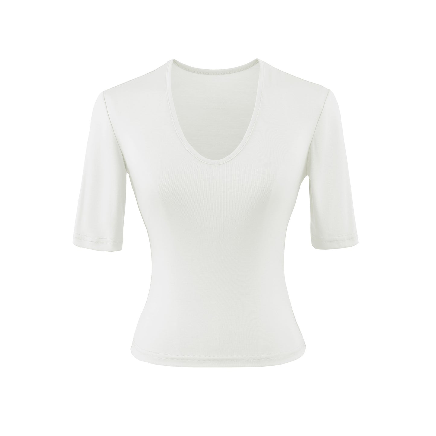 White women's U-neck mid sleeve T-shirt casual streetwear style front view – TeenStylo