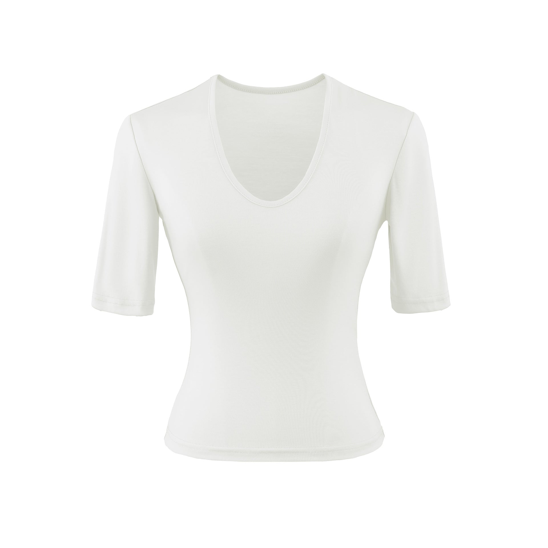 White women's U-neck mid sleeve T-shirt casual streetwear style front view – TeenStylo
