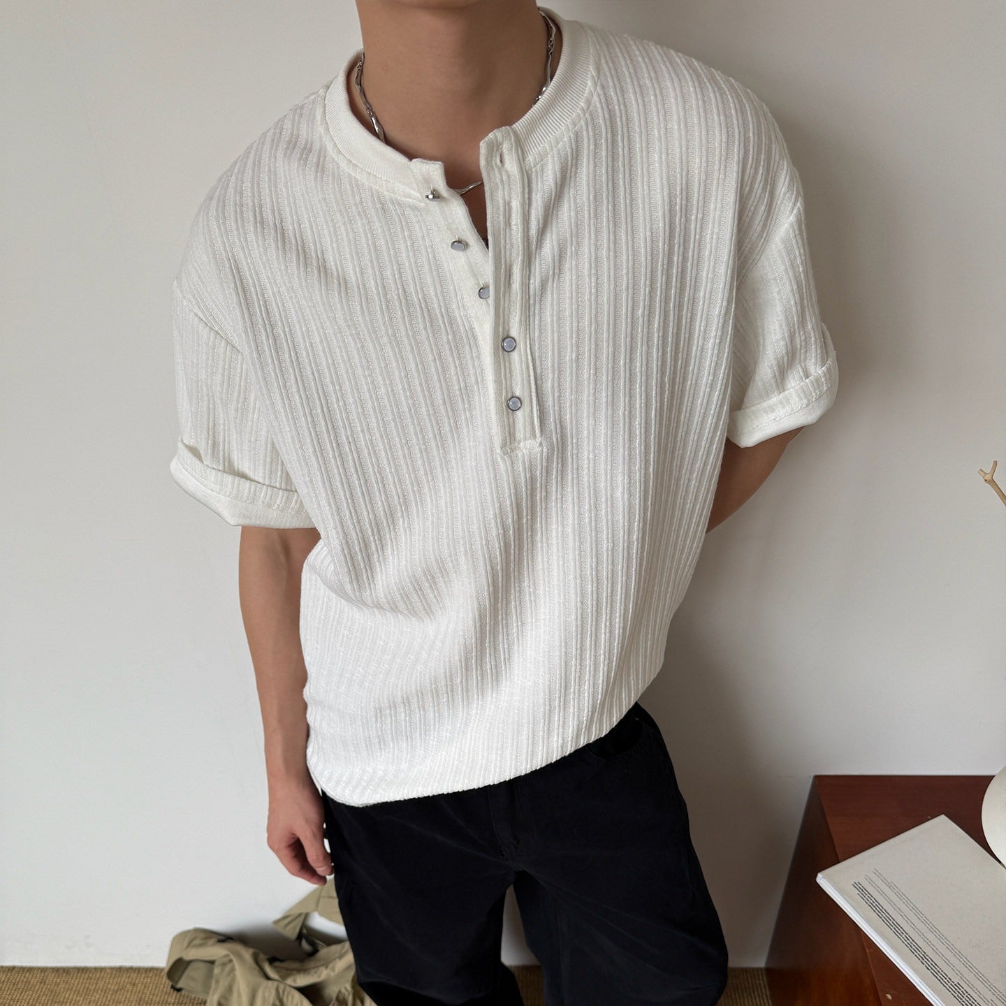 White men's retro knitted henley collar short sleeve t-shirt casual streetwear style at TeenStylo