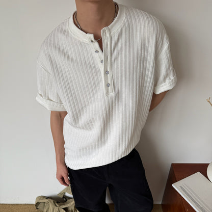 White men's retro knitted henley collar short sleeve t-shirt casual streetwear style at TeenStylo