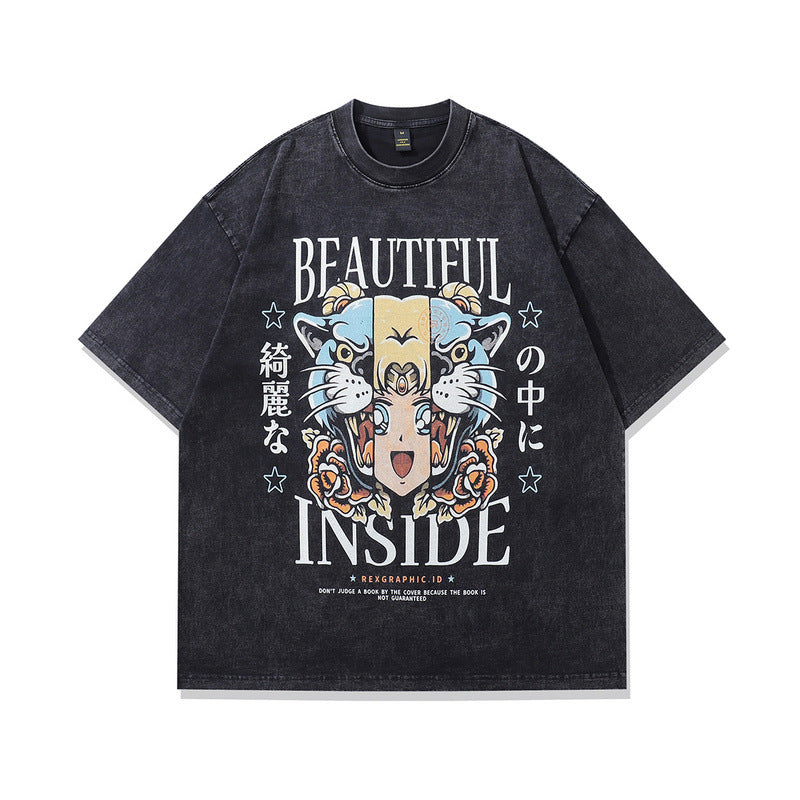 Men's water washed vintage Y2K anime graphic t-shirt in colour 233, Japanese streetwear front view – TeenStylo
