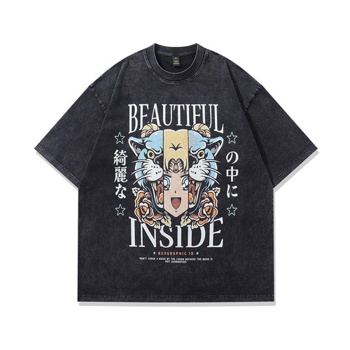 Men's water washed vintage Y2K anime graphic t-shirt in colour 233, Japanese streetwear front view – TeenStylo