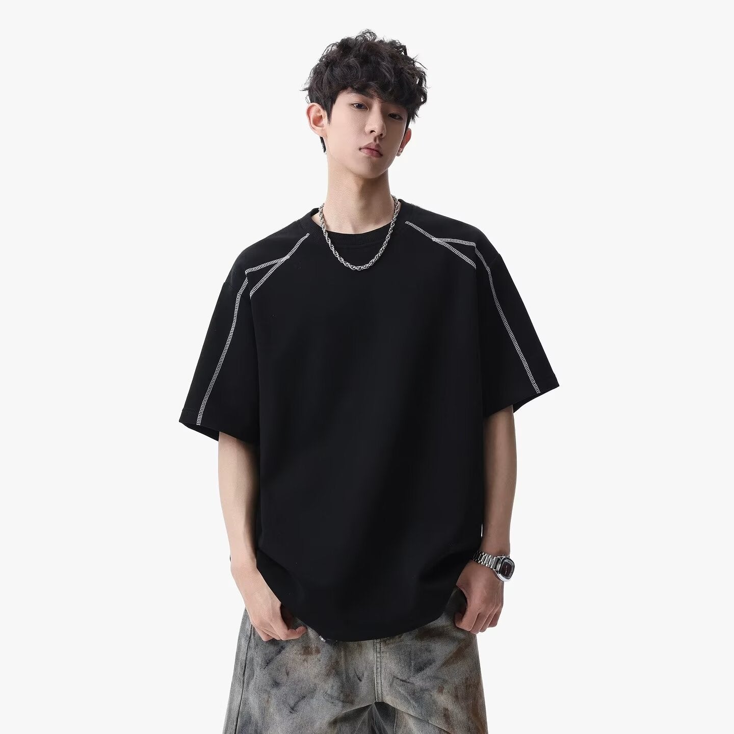 Gray men's loose streetwear short sleeve T-shirt back view - youth street style fashion | TeenStylo