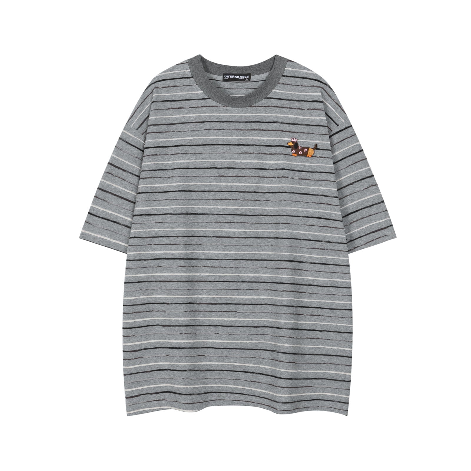 White unisex retro dachshund striped short sleeve t-shirt lifestyle look TeenStylo