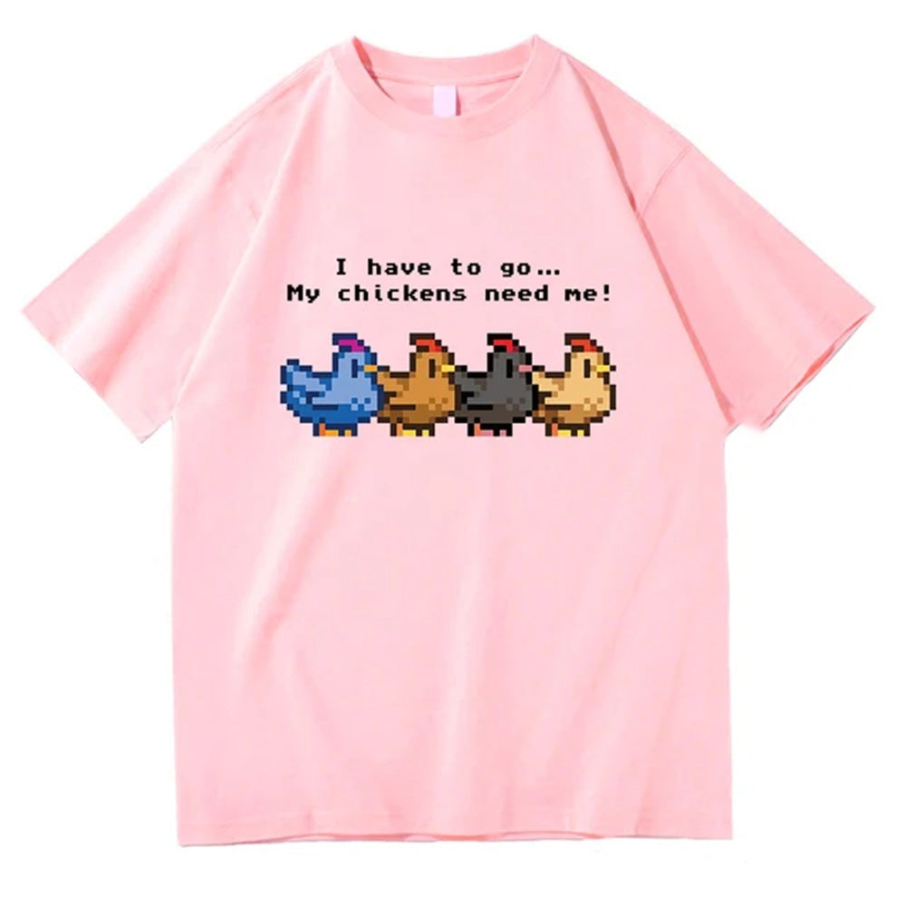Pink Stardew Valley I Have To Go My Chickens Need Me graphic tee lifestyle shot men's streetwear TeenStylo