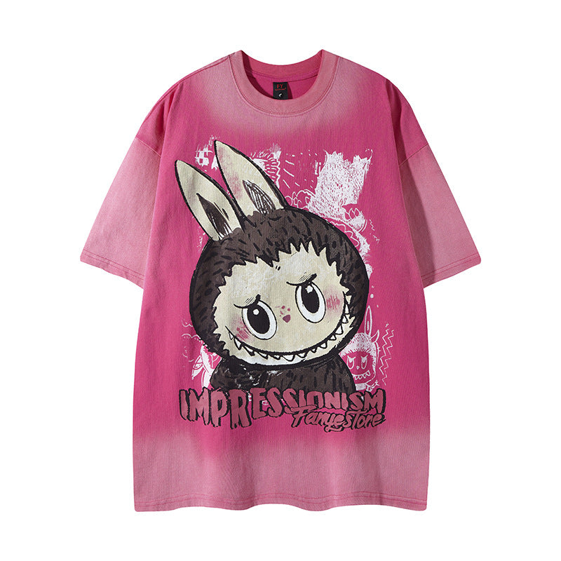 Close-up detail of black unisex cartoon printed round neck short sleeve tee streetwear style TeenStylo