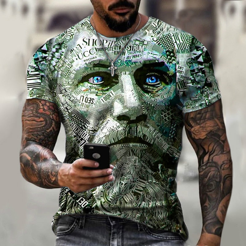 Back view of men's printed streetwear casual T-shirt in ZJM1-763 multicolor graphic design | TeenStylo