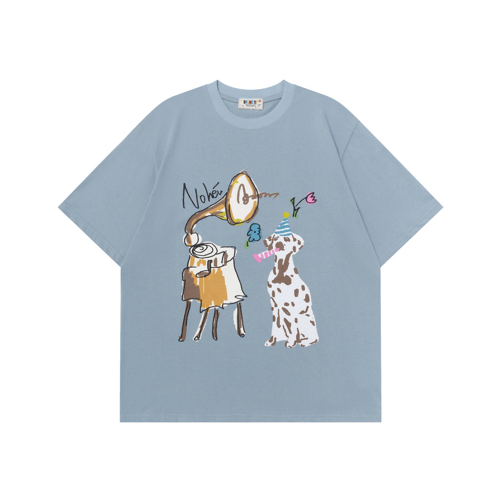 Star blue unisex retro dalmatian print short sleeve t-shirt back view - Y2K streetwear style at TeenStylo