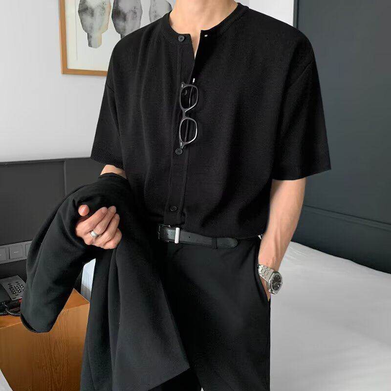Black ice silk knitted shirt detail close-up showing breathable fabric texture and summer short sleeve design | TeenStylo