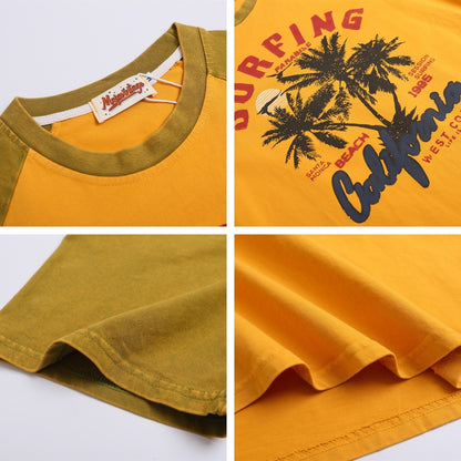 Yellow retro colorblock coconut tree print short sleeve shirt worn in lifestyle setting | TeenStylo
