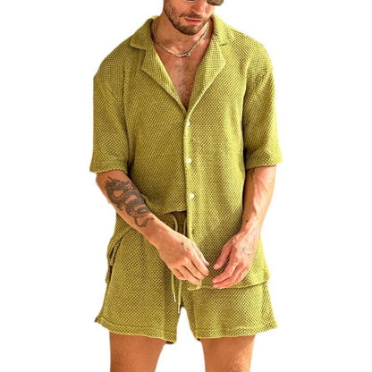 Black short sleeve shirt and shorts set with flip flops lifestyle look for men at TeenStylo