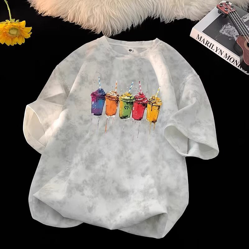 Man wearing apricot tie-dye short sleeve t-shirt lifestyle shot, Y2K streetwear style | TeenStylo