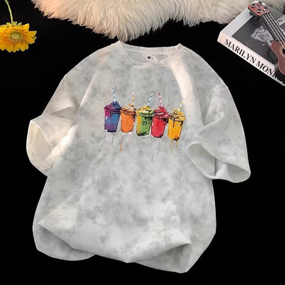 Man wearing apricot tie-dye short sleeve t-shirt lifestyle shot, Y2K streetwear style | TeenStylo