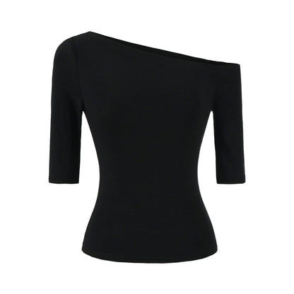 Black slant neck slim fit T-shirt women unisex streetwear Y2K fashion lifestyle look TeenStylo