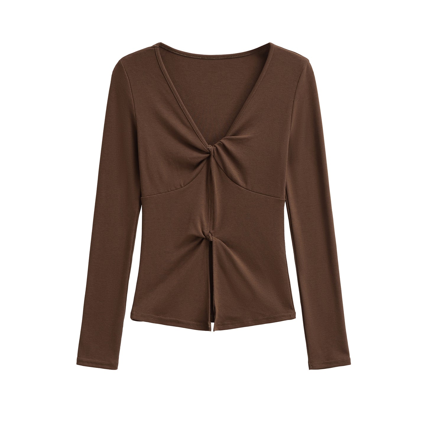 Brown women's V-neck long sleeve T-shirt fabric detail close-up, Y2K streetwear style | TeenStylo