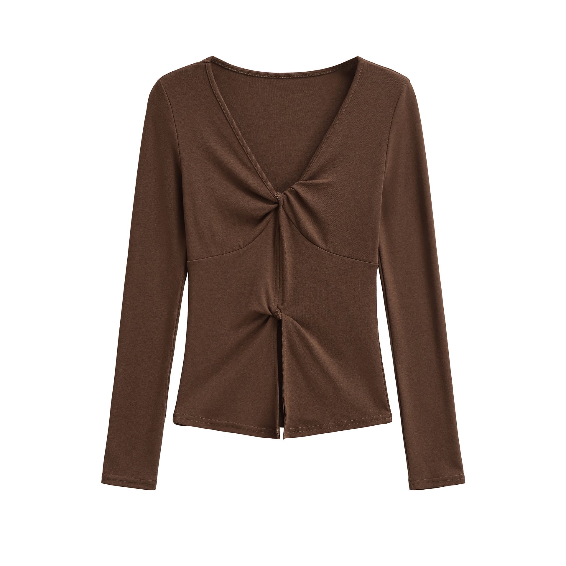 Brown women's V-neck long sleeve T-shirt fabric detail close-up, Y2K streetwear style | TeenStylo