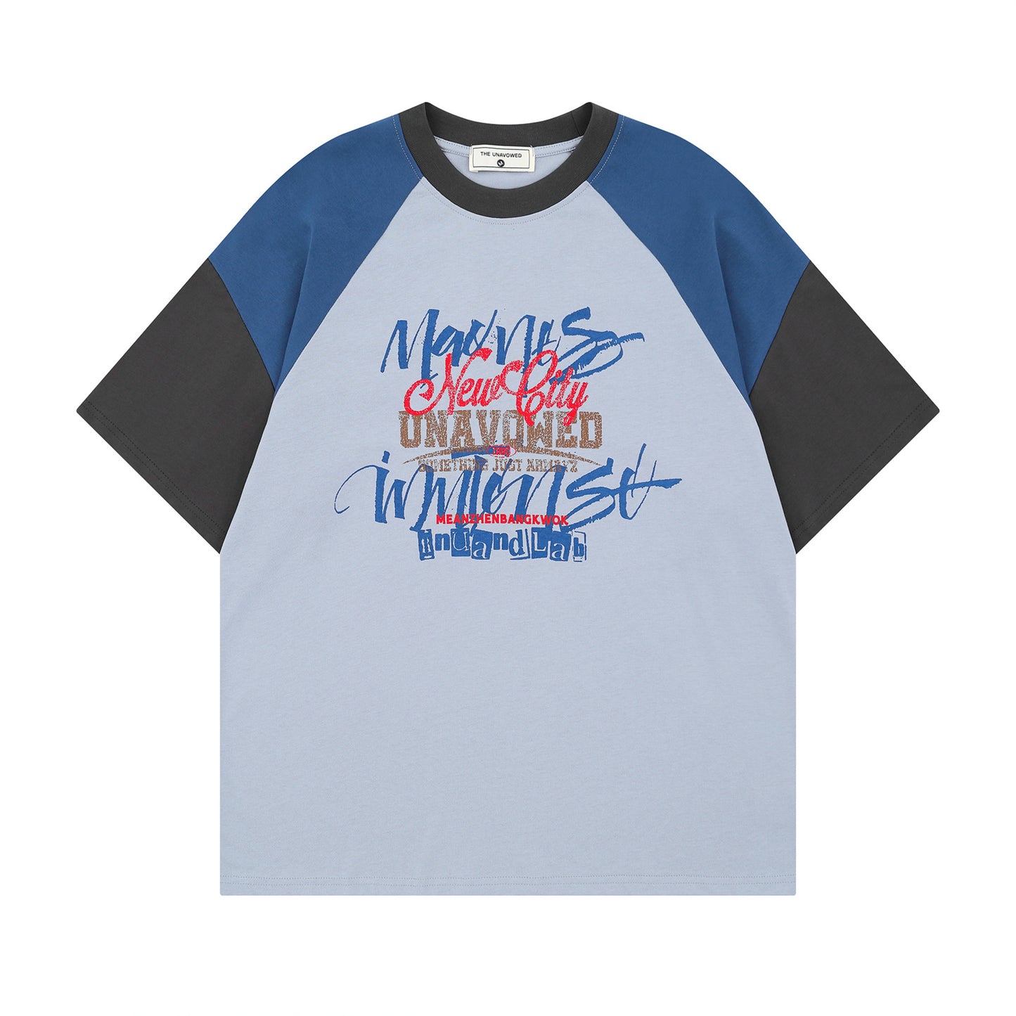 Blue retro colorblock raglan sleeve hand-painted letter sweatshirt back view - TeenStylo