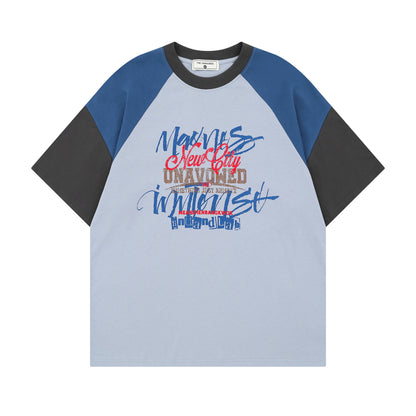 Blue retro colorblock raglan sleeve hand-painted letter sweatshirt back view - TeenStylo