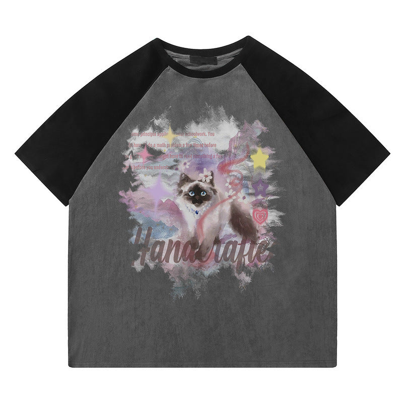 Gray unisex suede half-sleeve loose t-shirt back view, Y2K streetwear style | TeenStylo