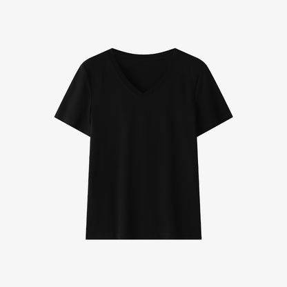 Black women's V-neck short sleeve t-shirt close-up detail, soft fabric and stitching quality shown | TeenStylo