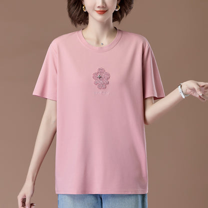 Pink embroidered short sleeve women's t-shirt back view - Y2K streetwear style | TeenStylo