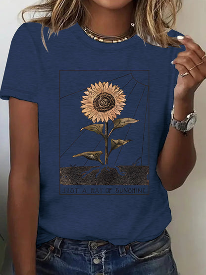 Unisex embroidered red sunflower short sleeve T-shirt lifestyle view TeenStylo