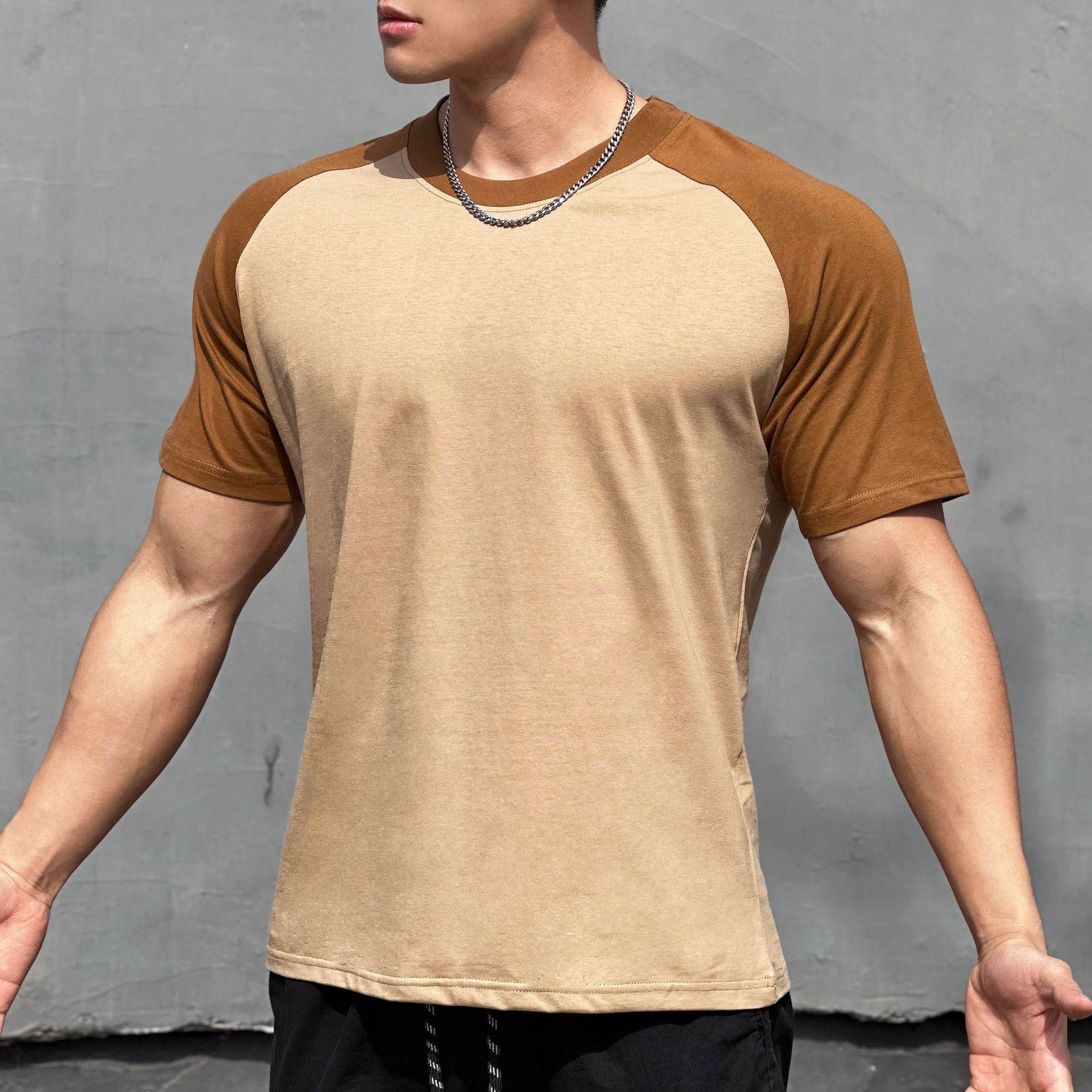 Men's camel color-blocked raglan sleeve t-shirt casual streetwear style at TeenStylo