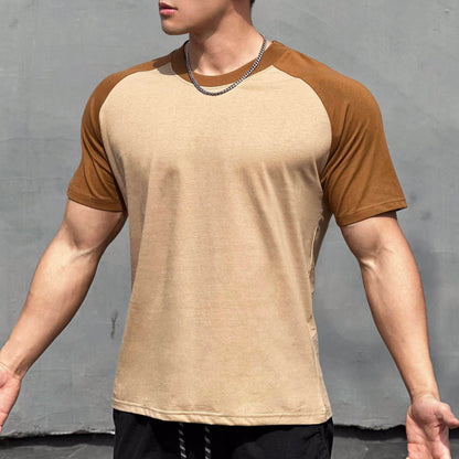 Men's camel color-blocked raglan sleeve t-shirt casual streetwear style at TeenStylo