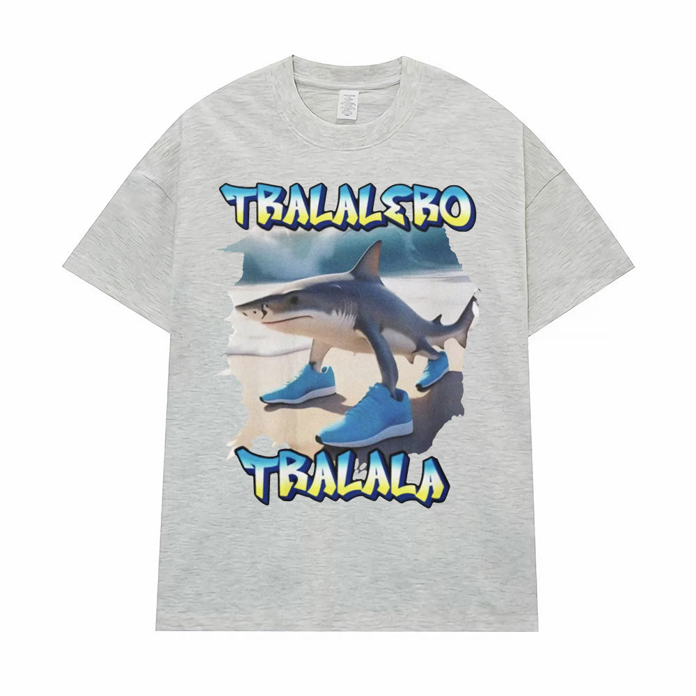 Man wearing gary Tralalero Tralala funny running shark meme tee shirt lifestyle look TeenStylo