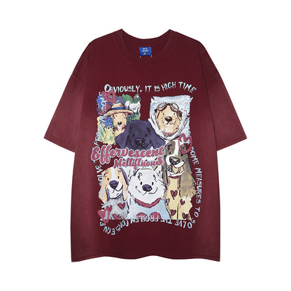 Dark reddish brown unisex dog print washed graphic short sleeve t-shirt front view | TeenStylo
