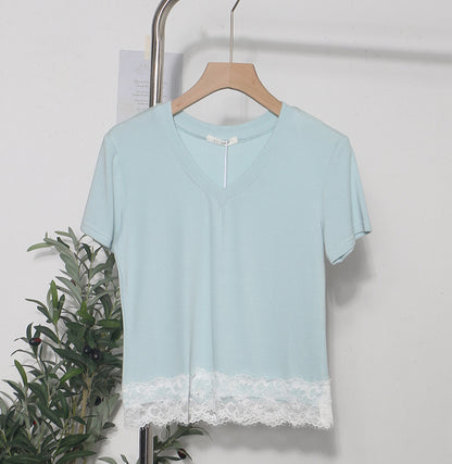 Blue women's V-neck short sleeve T-shirt casual streetwear lifestyle look | TeenStylo