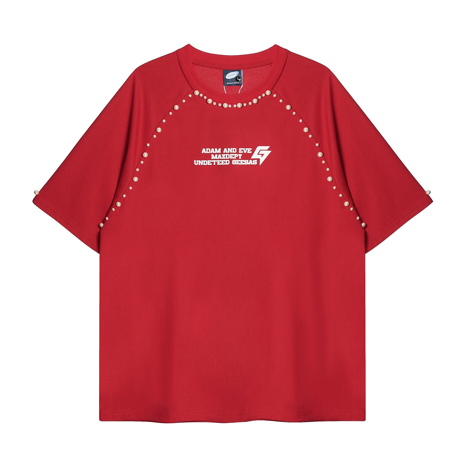 Red oversized men's pearl design short sleeve t-shirt casual streetwear lifestyle look TeenStylo