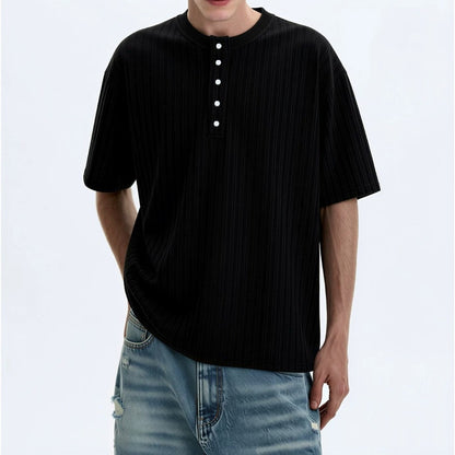 Black men's retro knitted henley collar t-shirt casual short sleeve back view | TeenStylo