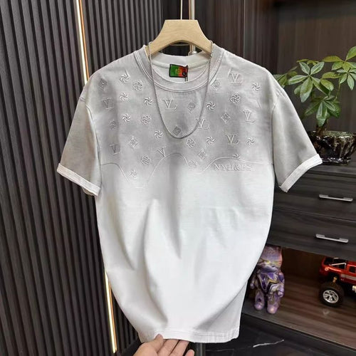 Men's white round neck embroidered short sleeve t-shirt front view - TeenStylo