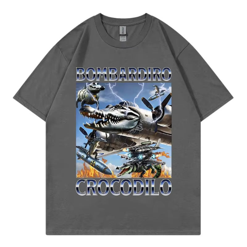 Unisex Bombardiro Crocodilo Plane Bomber graphic tee lifestyle shot in q4 color streetwear style TeenStylo