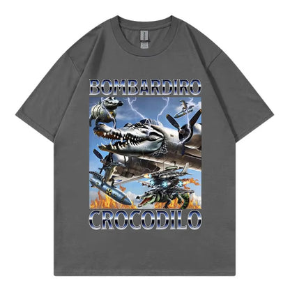 Unisex Bombardiro Crocodilo Plane Bomber graphic tee lifestyle shot in q4 color streetwear style TeenStylo