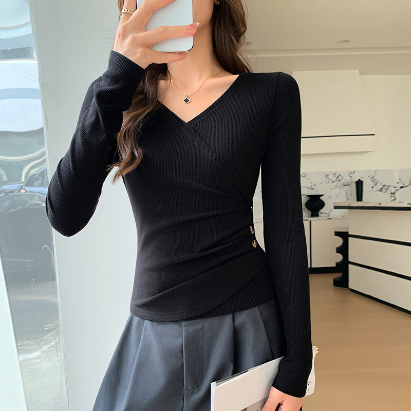 Black women's V-neck long sleeve T-shirt close-up detail, gothic streetwear essential - TeenStylo
