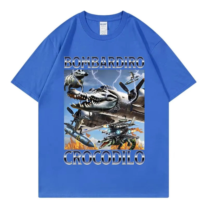 Unisex Bombardiro Crocodilo Plane Bomber graphic tee in Q10 streetwear style lifestyle shot TeenStylo