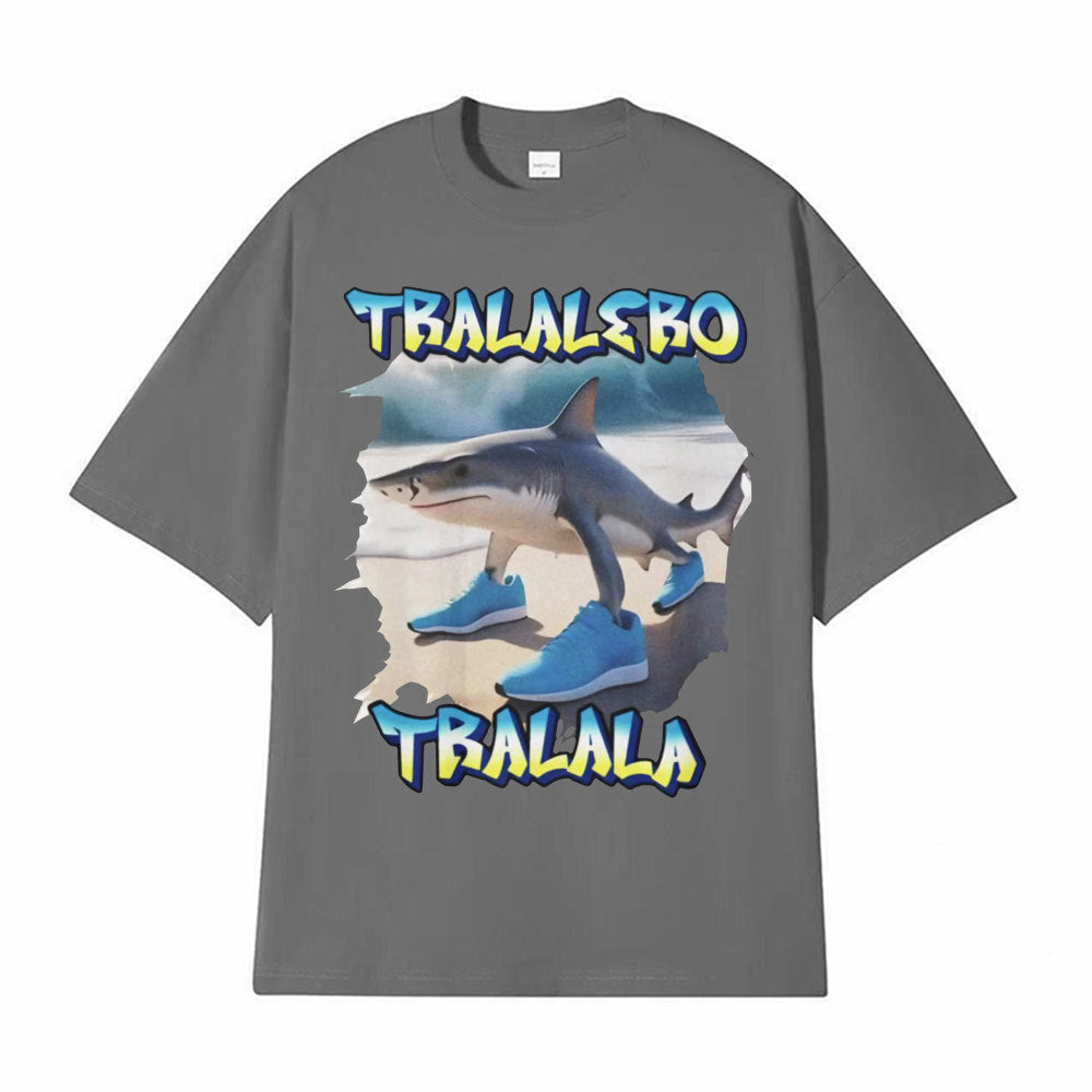 Dark grey Tralalero Tralala funny running shark meme graphic tee lifestyle shot TeenStylo