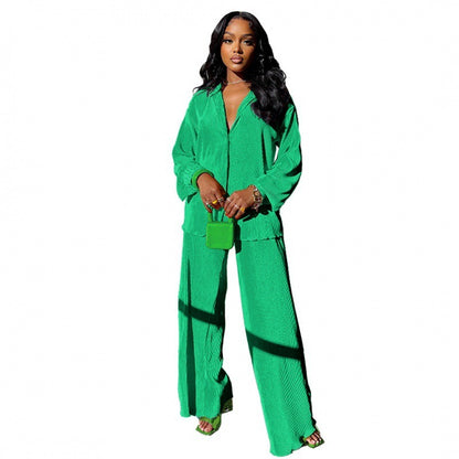 Green women's wide leg pants and long sleeve shirt set back view - Y2K streetwear two piece outfit | TeenStylo
