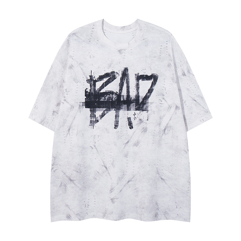 White unisex distressed letter print streetwear t-shirt back view, Y2K graphic tee at TeenStylo