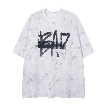 White unisex distressed letter print streetwear t-shirt back view, Y2K graphic tee at TeenStylo