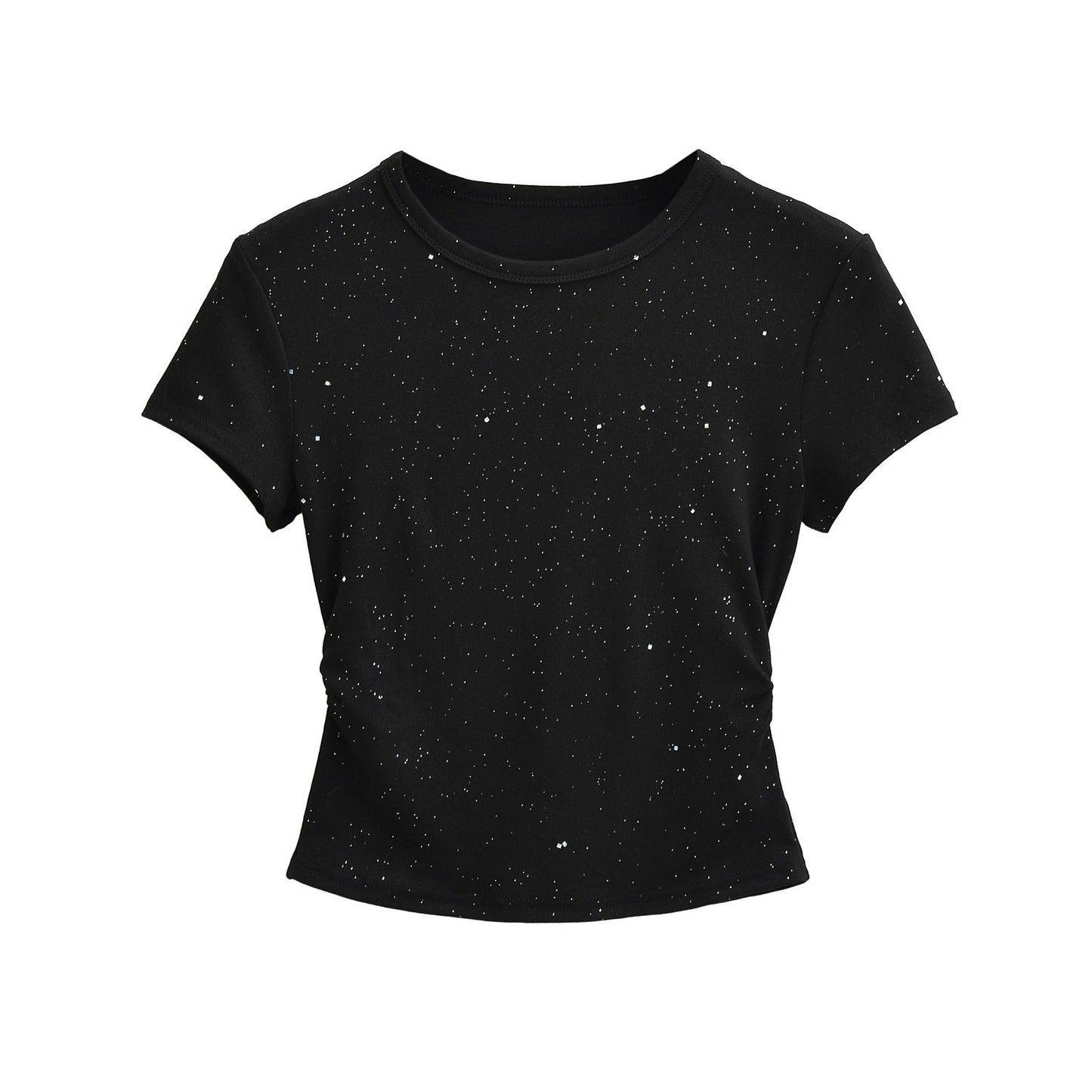 Gray floral hot stamp detail close-up on women's short sleeve T-shirt, Y2K streetwear style | TeenStylo