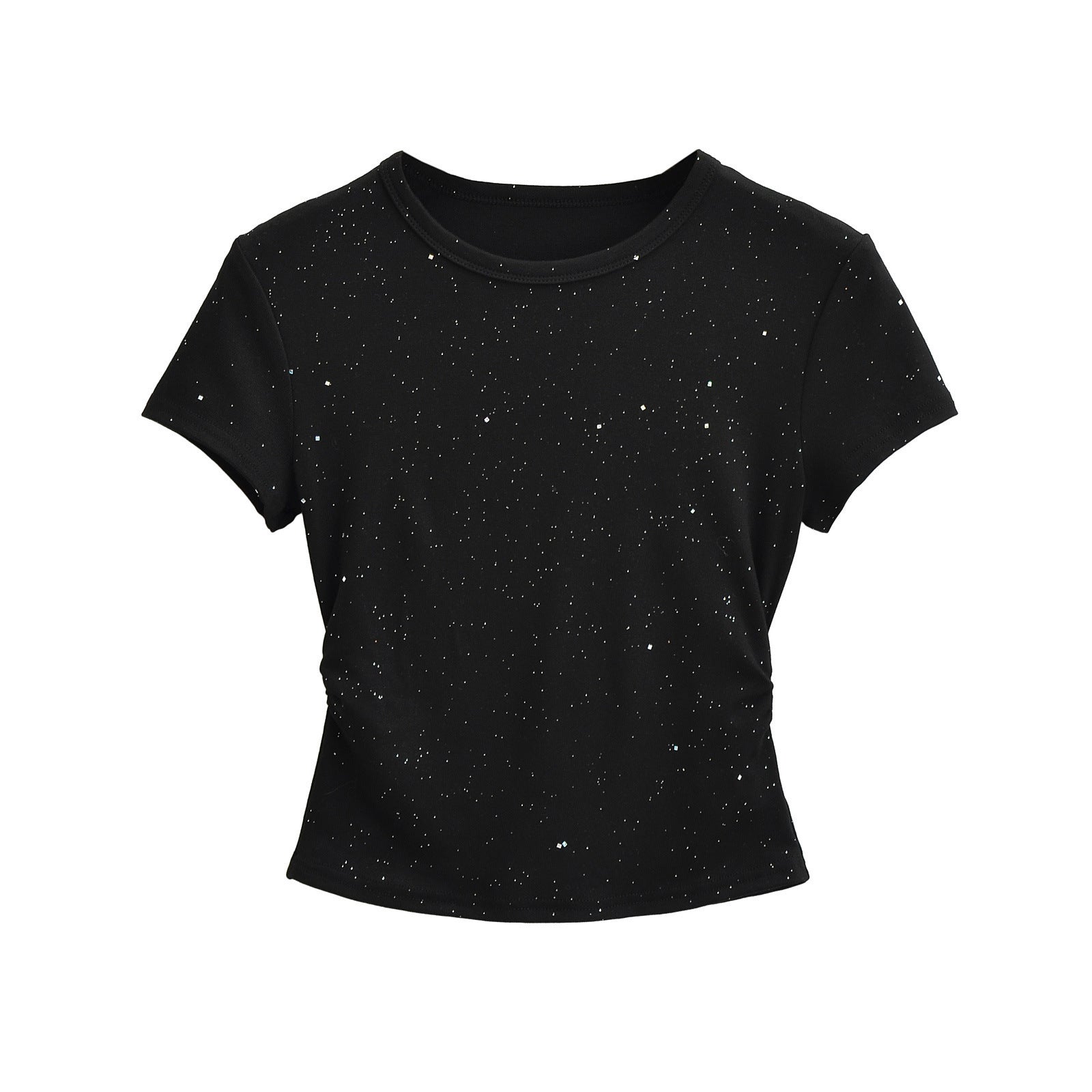 Gray floral hot stamp detail close-up on women's short sleeve T-shirt, Y2K streetwear style | TeenStylo