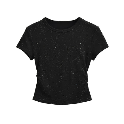 Gray floral hot stamp detail close-up on women's short sleeve T-shirt, Y2K streetwear style | TeenStylo
