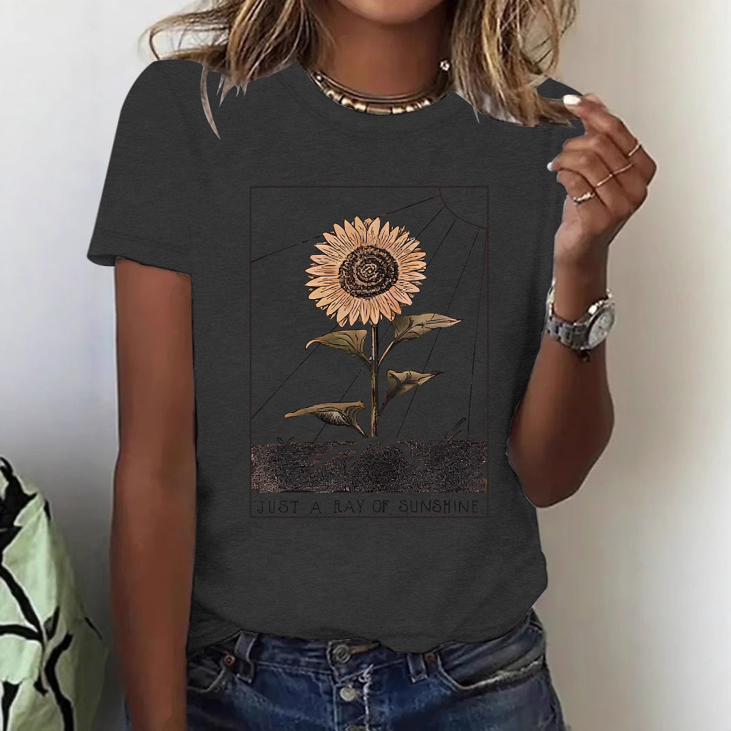 Black women's sunflower short sleeve T-shirt back view - Y2K streetwear style | TeenStylo